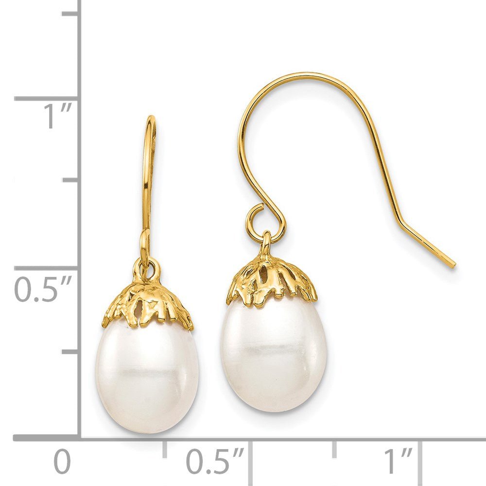 14k Real Yellow Gold 7 - 8mm White Rice Freshwater Cultured Pearl French Wire Drop Earrings, 23mm - JewelryAffairs