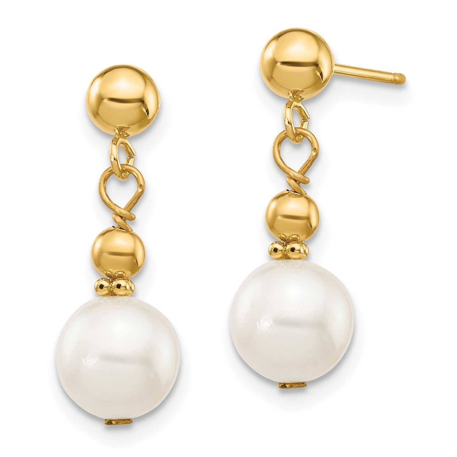 14k Real Yellow Gold 7 - 8mm White Round Freshwater Cultured Pearl Dangle Post Dangle Earrings - JewelryAffairs