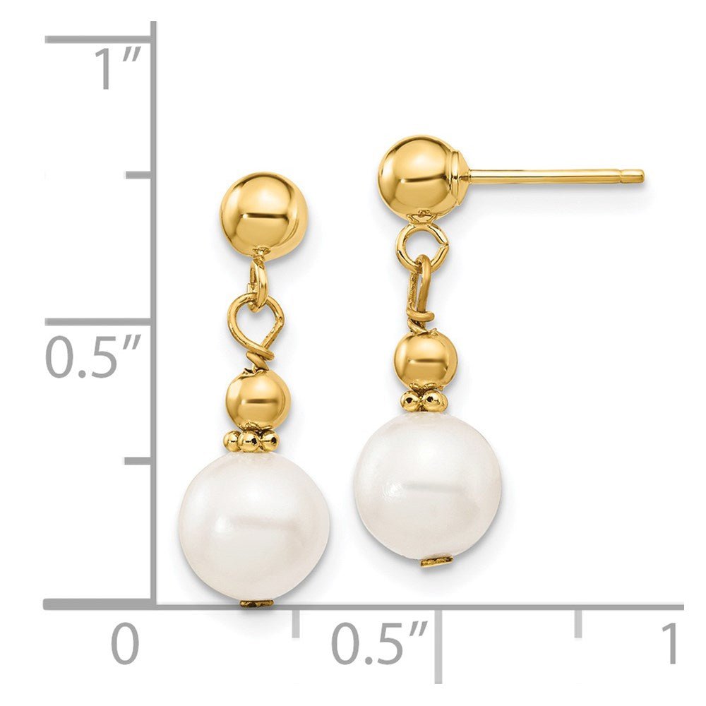 14k Real Yellow Gold 7 - 8mm White Round Freshwater Cultured Pearl Dangle Post Dangle Earrings - JewelryAffairs