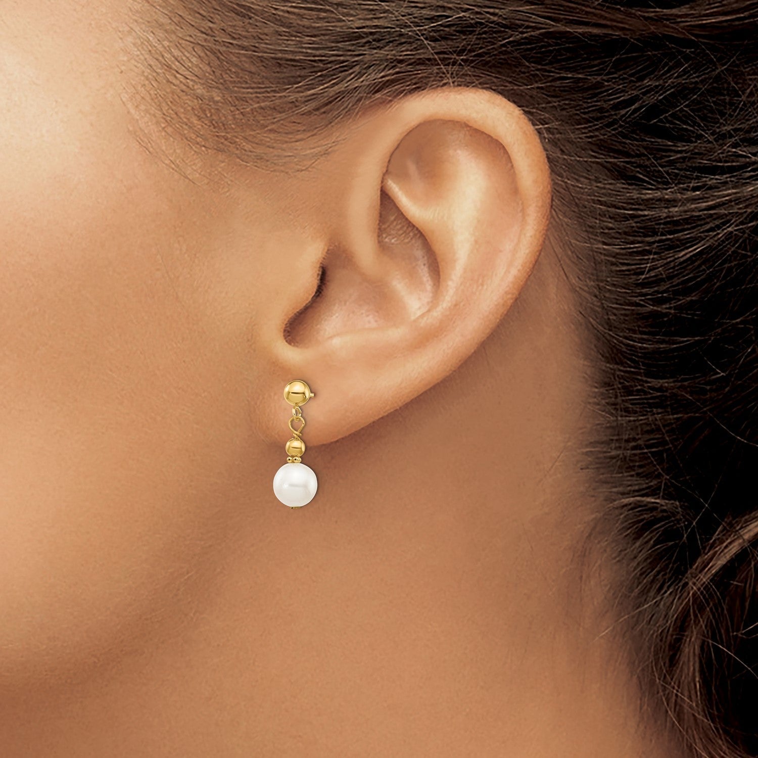 14k Real Yellow Gold 7 - 8mm White Round Freshwater Cultured Pearl Dangle Post Dangle Earrings - JewelryAffairs