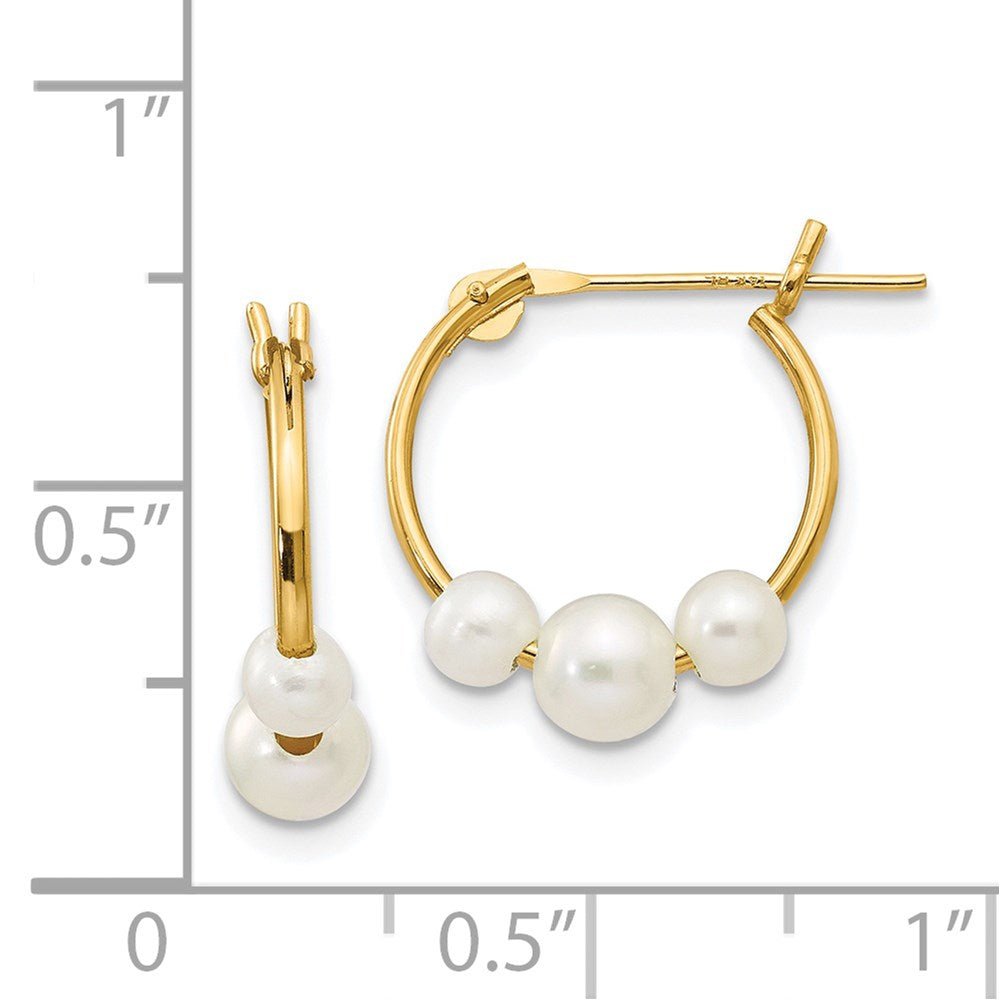 14k Real Yellow Gold and White Semi Round Freshwater Cultured 3 Pearl Hoop Earrings, 15mm - JewelryAffairs