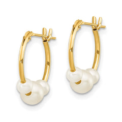 14k Real Yellow Gold and White Semi Round Freshwater Cultured 3 Pearl Hoop Earrings, 15mm - JewelryAffairs