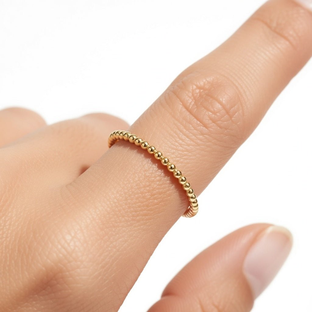 14k Real Yellow Gold Beaded Single Row Ring - JewelryAffairs
