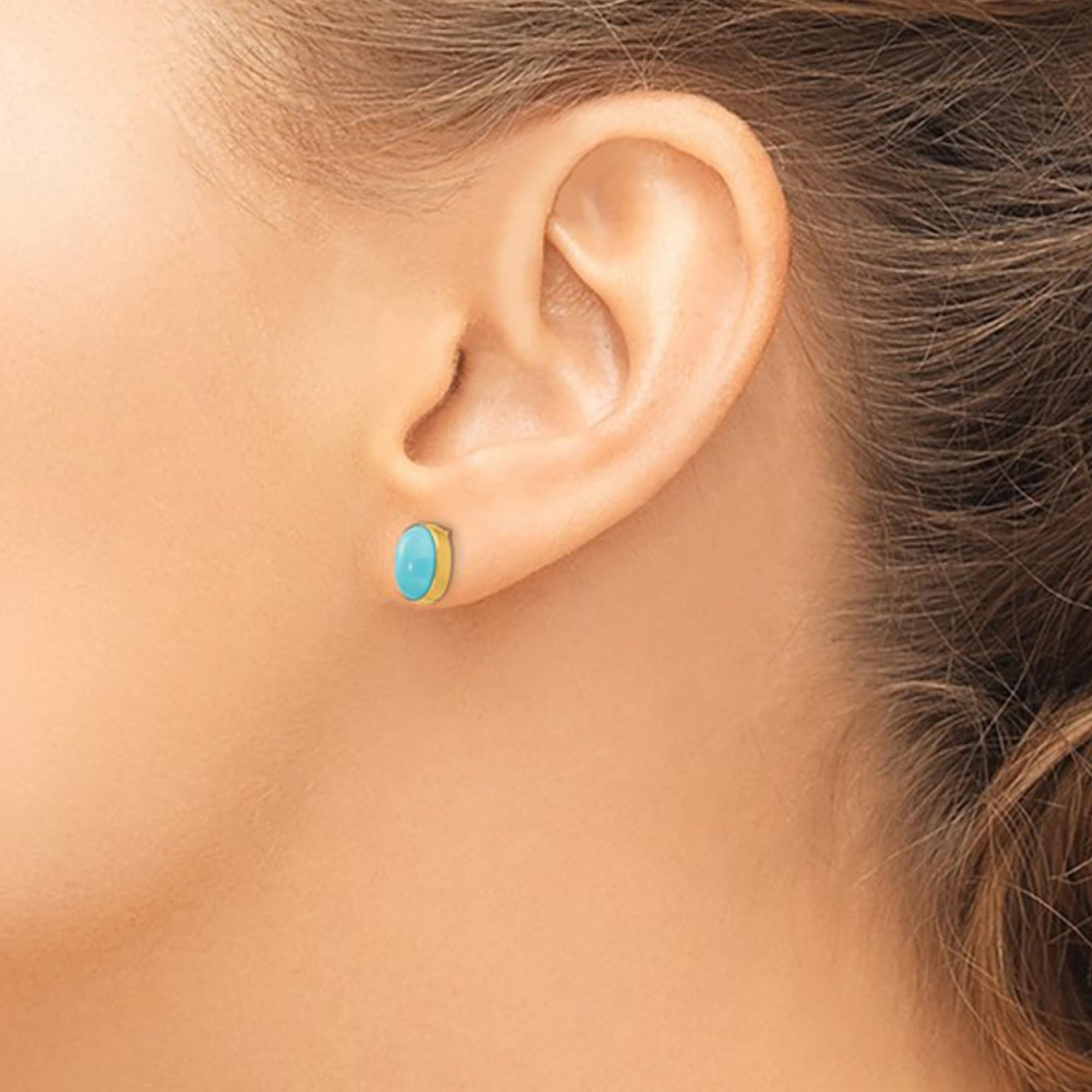 14K Real Yellow Gold Bezel Set Oval Turquoise Post Stud Earrings - JewelryAffairs
