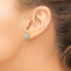 14K Real Yellow Gold Bezel Set Oval Turquoise Post Stud Earrings - JewelryAffairs