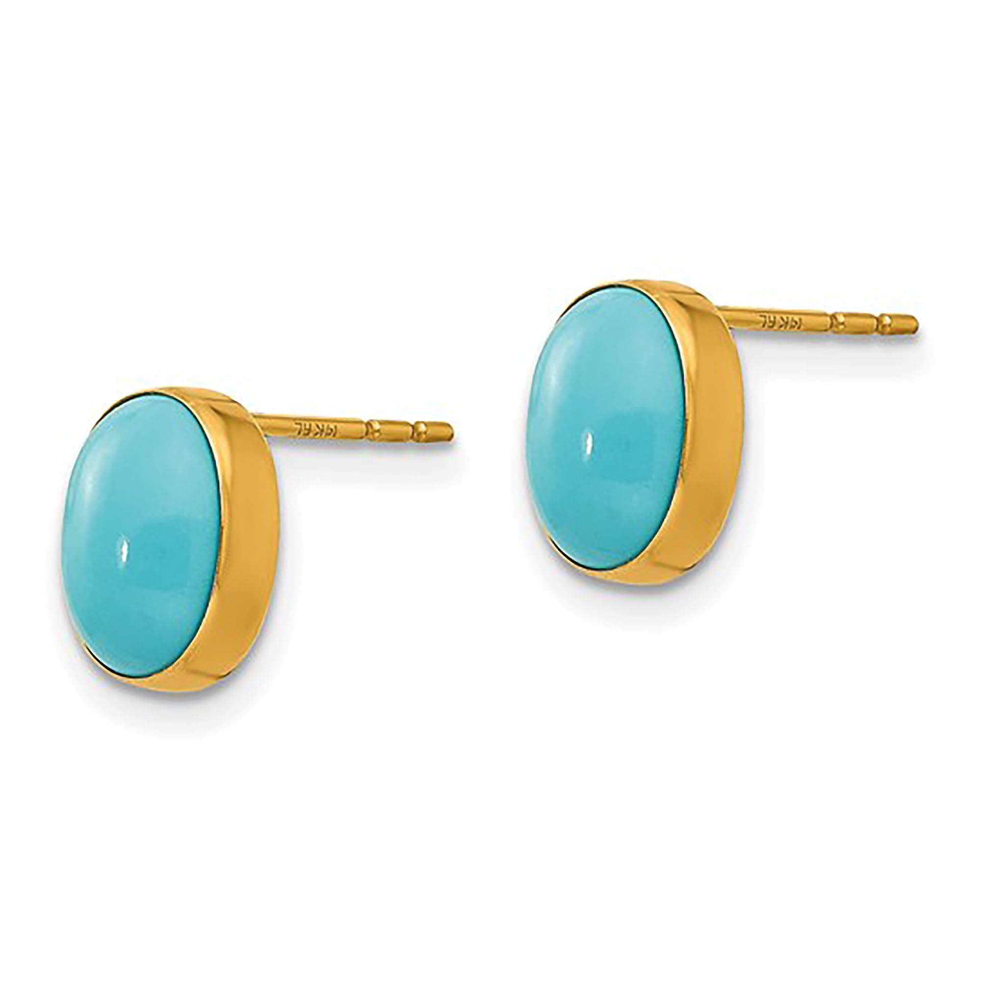 14K Real Yellow Gold Bezel Set Oval Turquoise Post Stud Earrings - JewelryAffairs
