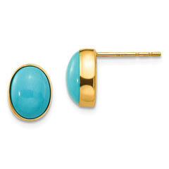 14K Real Yellow Gold Bezel Set Oval Turquoise Post Stud Earrings - JewelryAffairs
