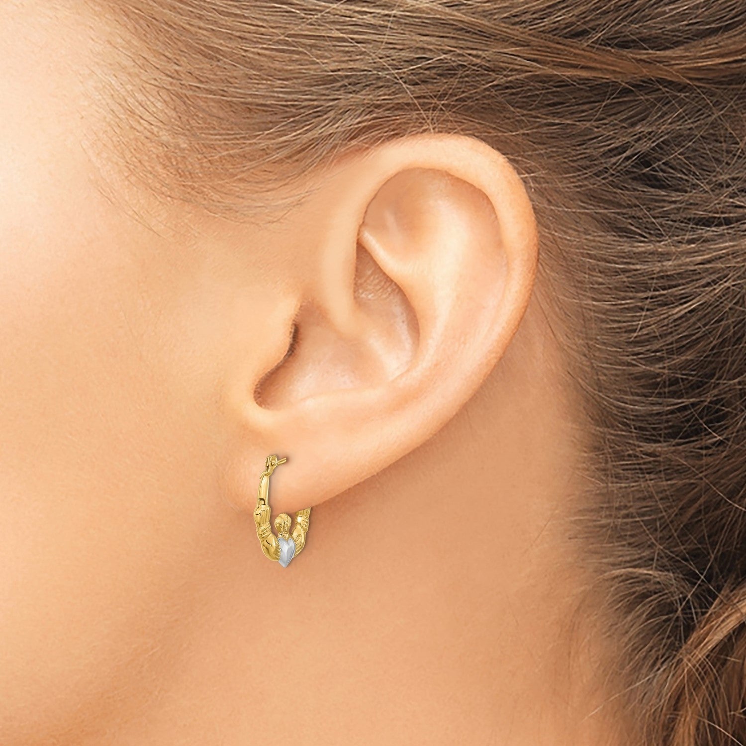 14K Real Yellow Gold Claddagh Hoop Earrings, 18mm