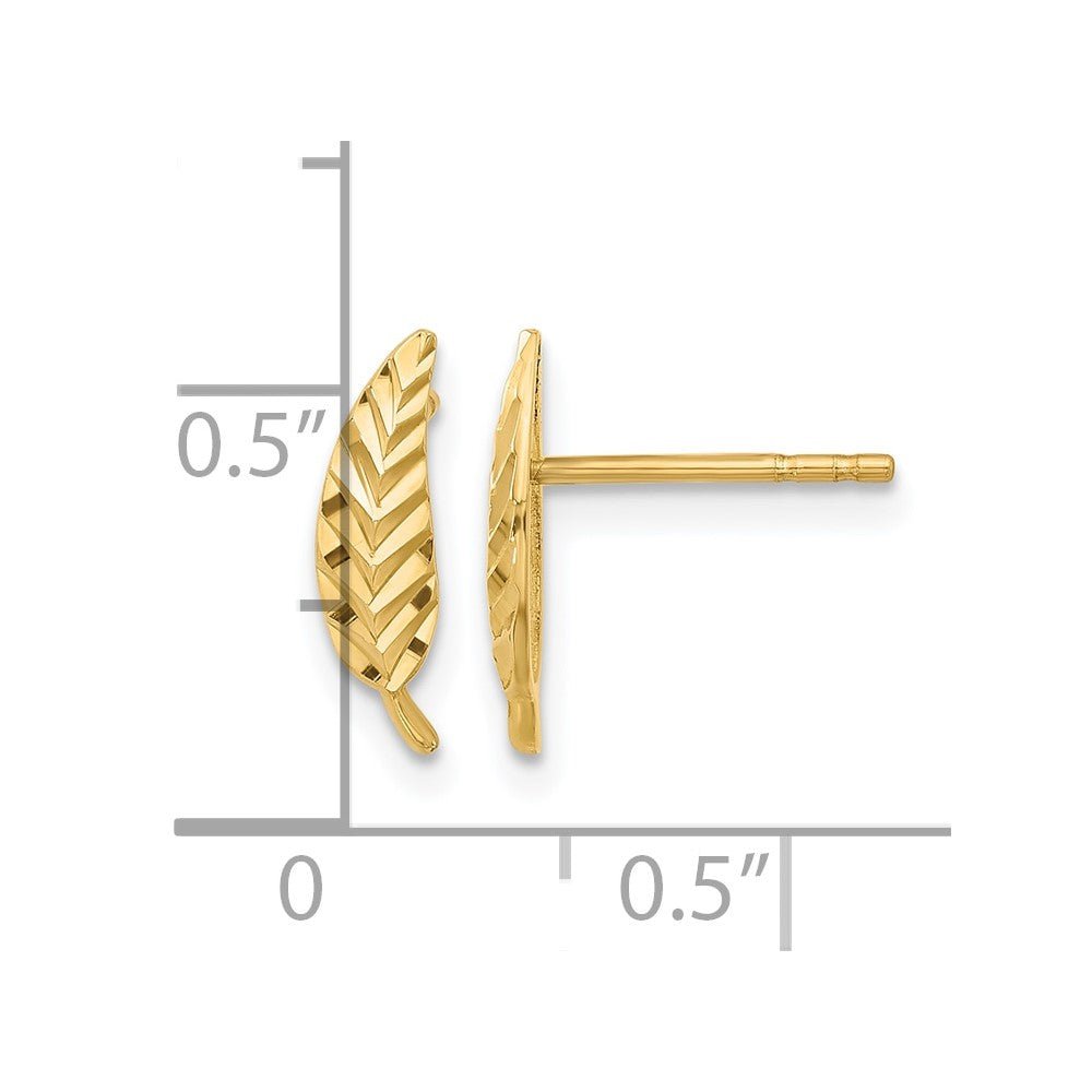 14K Real Yellow Gold Diamond Cut Leaf Ear Climber Stud Earrings - JewelryAffairs
