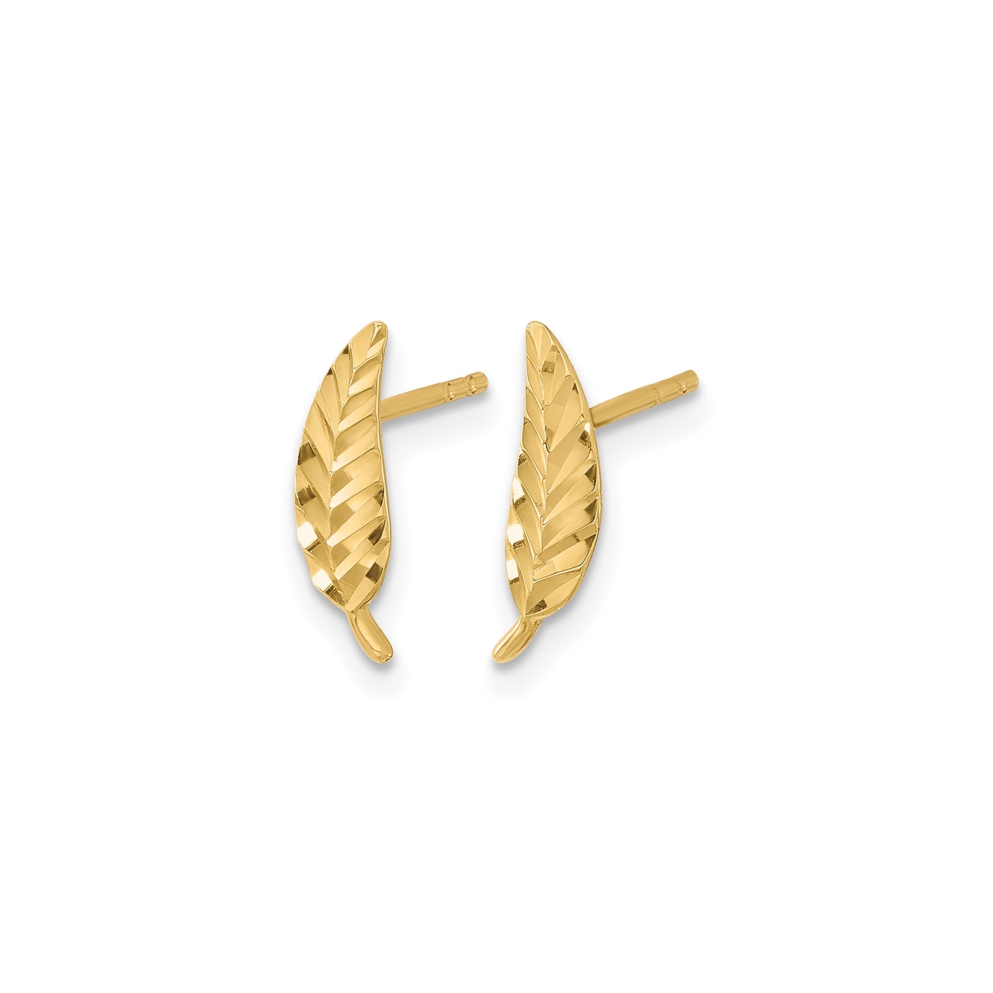 14K Real Yellow Gold Diamond Cut Leaf Ear Climber Stud Earrings - JewelryAffairs