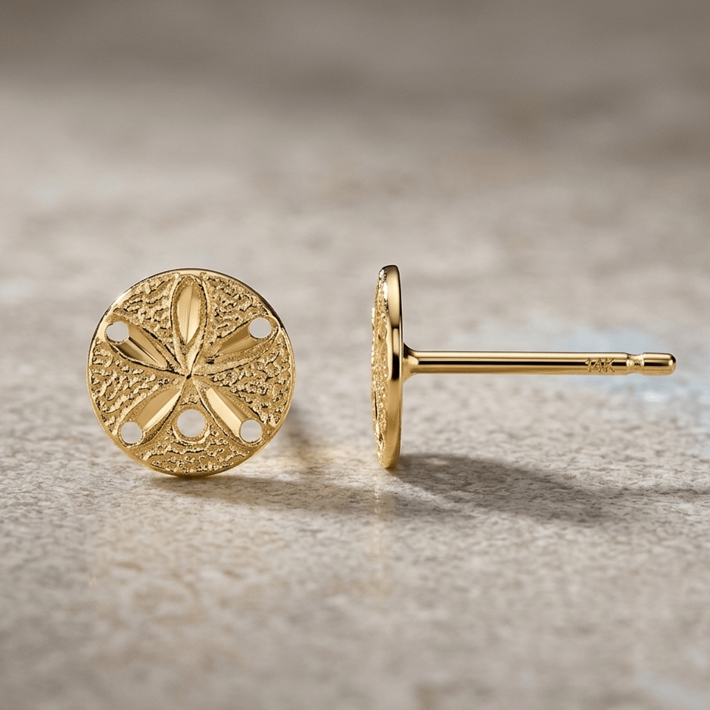 14k Real Yellow Gold Diamond - Cut Sand Dollar Post Stud Earrings, 8mm - JewelryAffairs