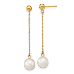 14k Real Yellow Gold Fresh Water Cultured Round Pearl Dangle Post Earrings, 46mm Length - JewelryAffairs
