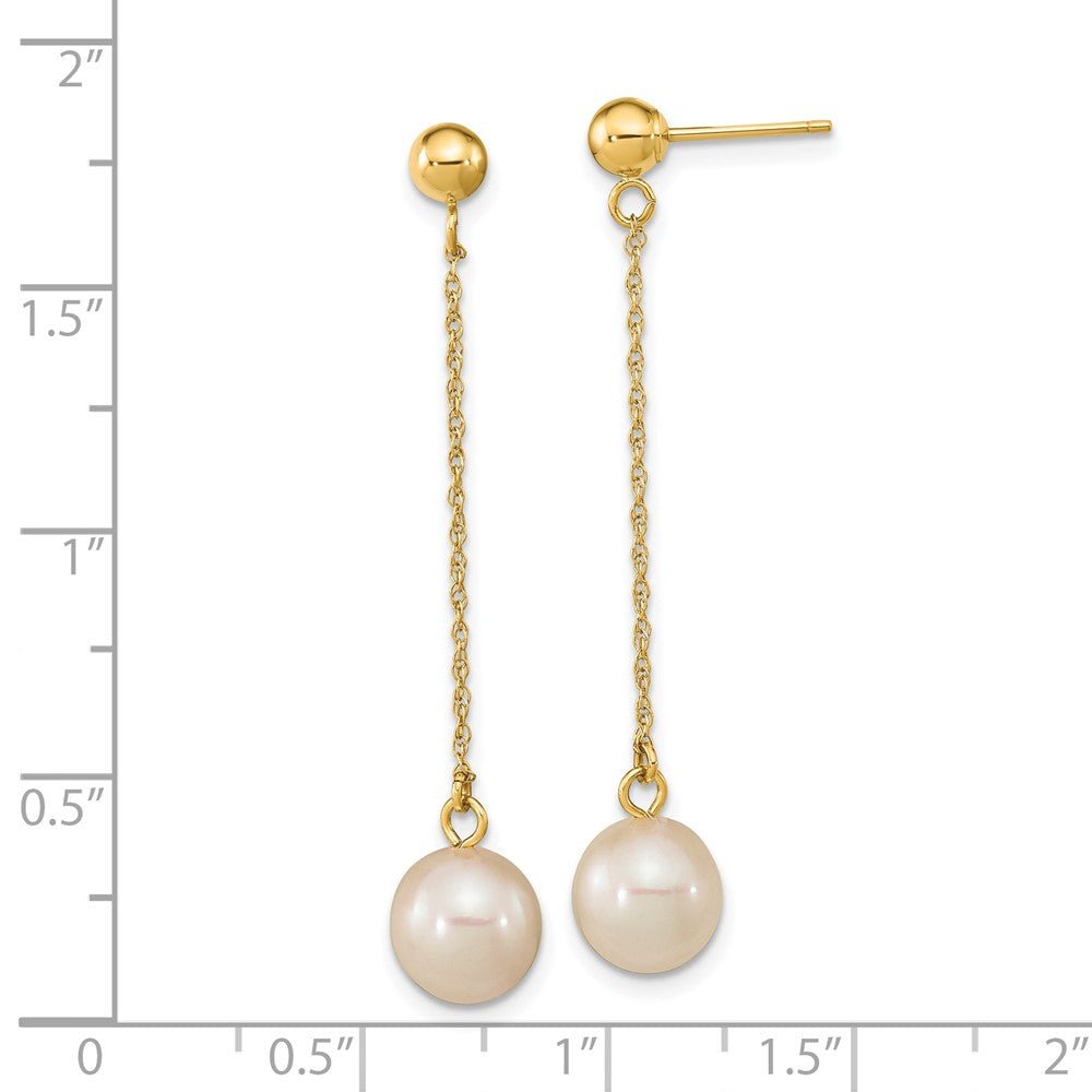 14k Real Yellow Gold Fresh Water Cultured Round Pearl Dangle Post Earrings, 46mm Length - JewelryAffairs
