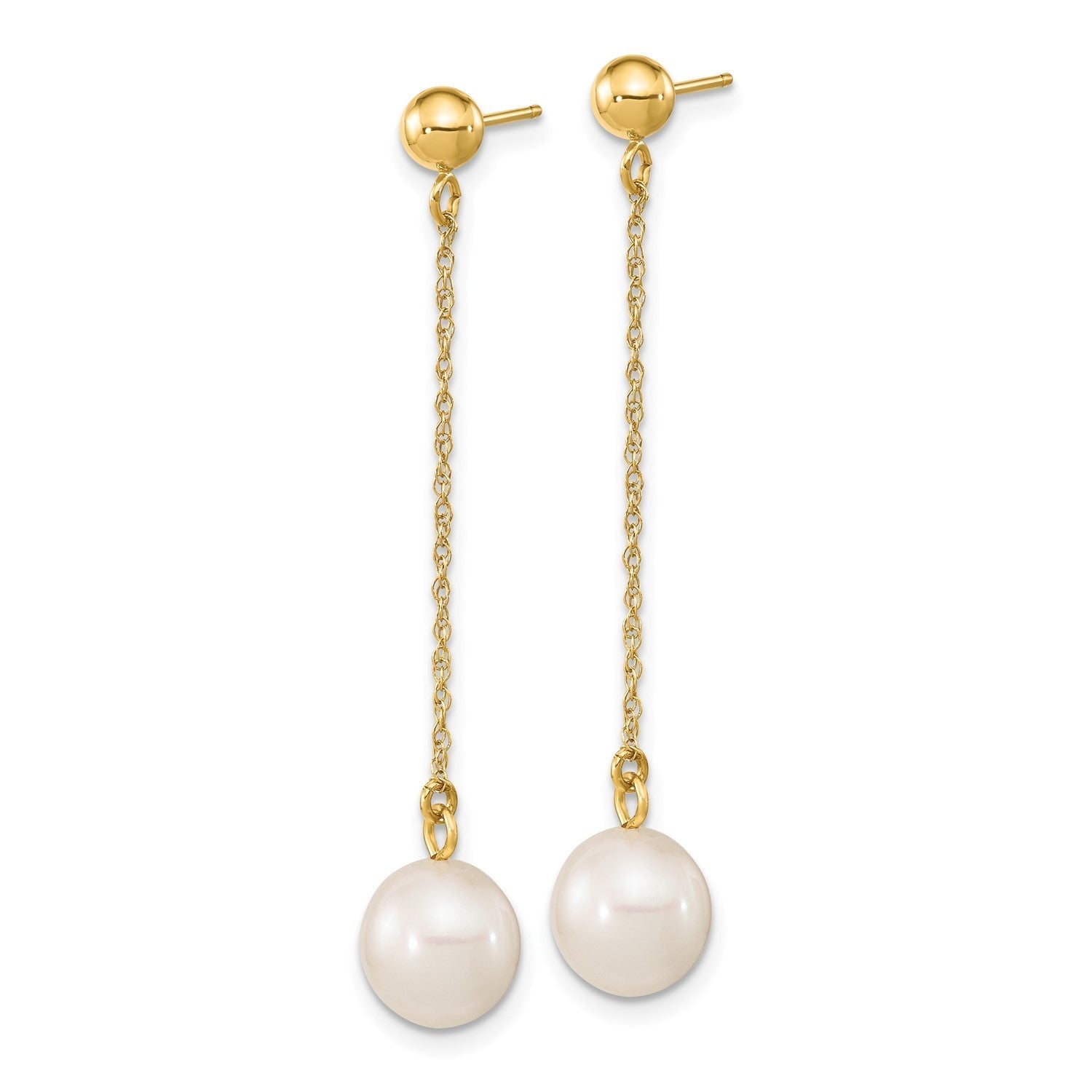 14k Real Yellow Gold Fresh Water Cultured Round Pearl Dangle Post Earrings, 46mm Length - JewelryAffairs