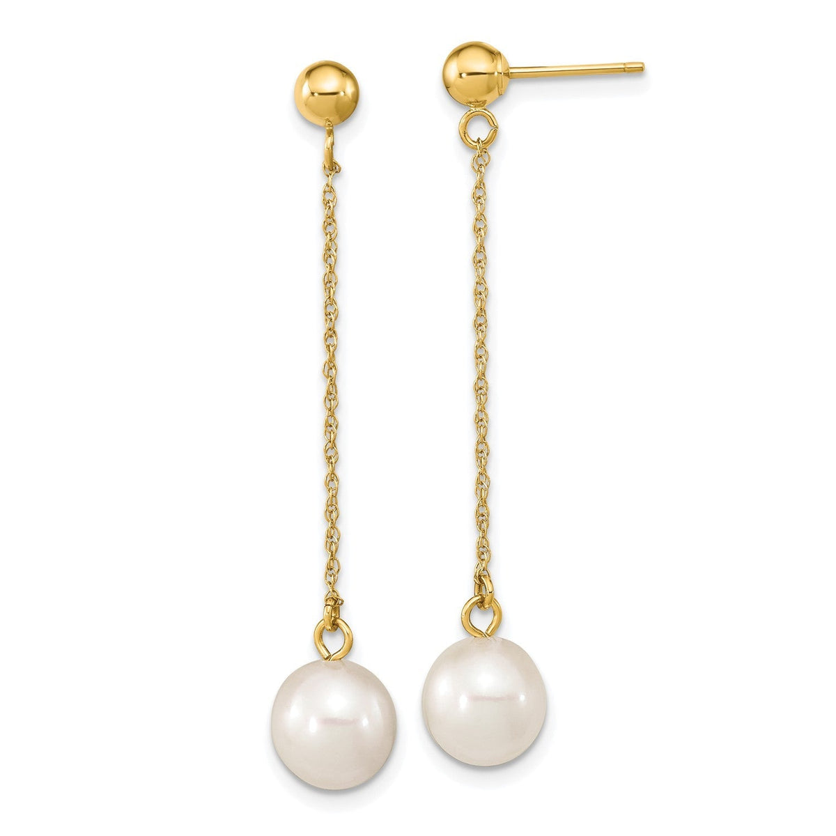 14k Real Yellow Gold Fresh Water Cultured Round Pearl Dangle Post Earrings, 46mm Length - JewelryAffairs