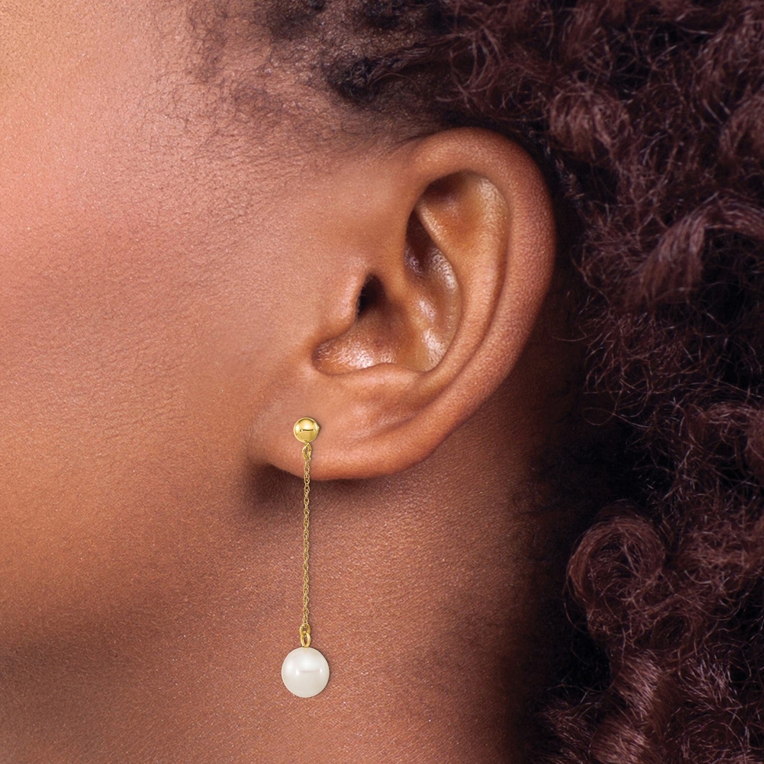14k Real Yellow Gold Fresh Water Cultured Round Pearl Dangle Post Earrings, 46mm Length - JewelryAffairs