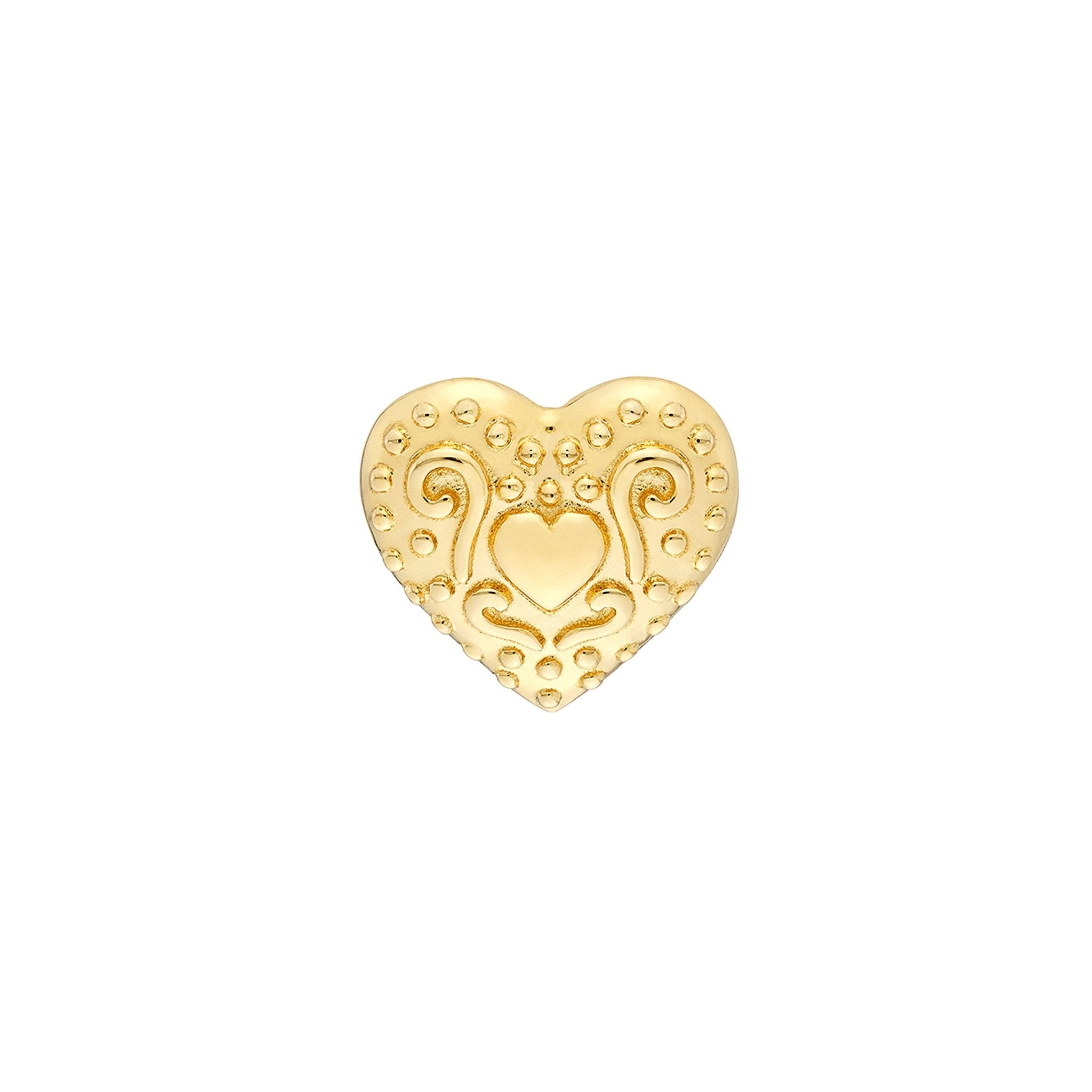 14K Real Yellow Gold Heart Pattern Stud Earrings, 8mm - JewelryAffairs