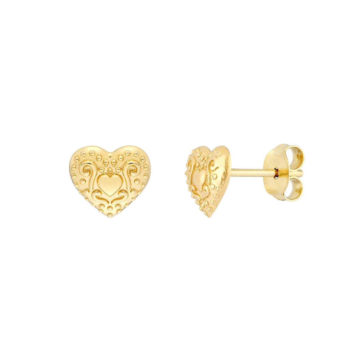 14K Real Yellow Gold Heart Pattern Stud Earrings, 8mm - JewelryAffairs