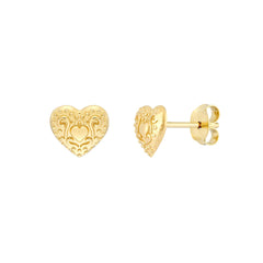14K Real Yellow Gold Heart Pattern Stud Earrings, 8mm - JewelryAffairs