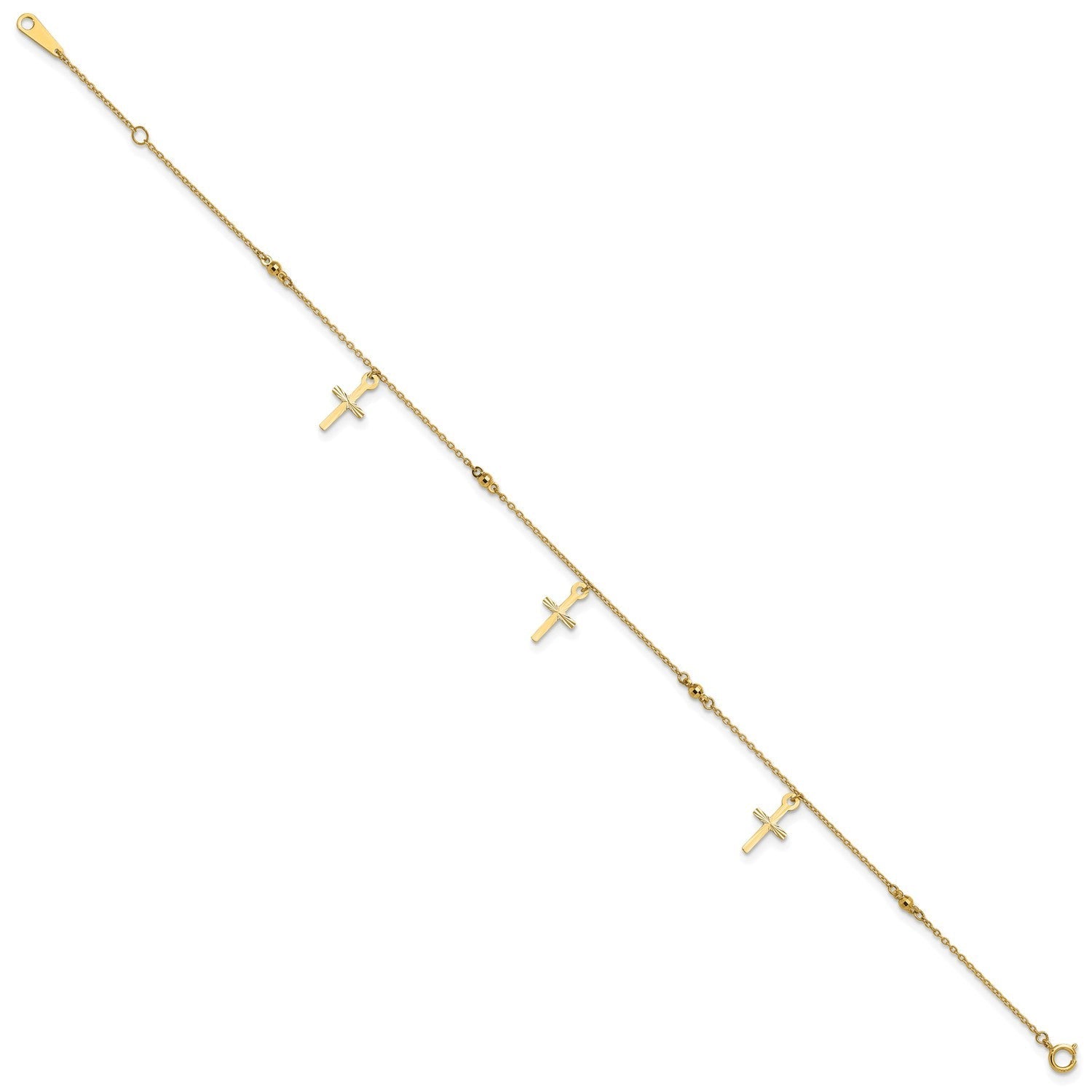 14k Real Yellow Gold High Polished and Diamond-cut Cross Anklet, 9 to 11 Adjustable