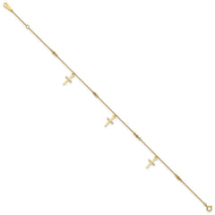 14k Real Yellow Gold High Polished and Diamond-cut Cross Anklet, 9 to 11 Adjustable