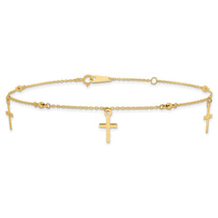 14k Real Yellow Gold High Polished and Diamond-cut Cross Anklet, 9 to 11 Adjustable