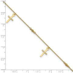 14k Real Yellow Gold High Polished and Diamond-cut Cross Anklet, 9 to 11 Adjustable