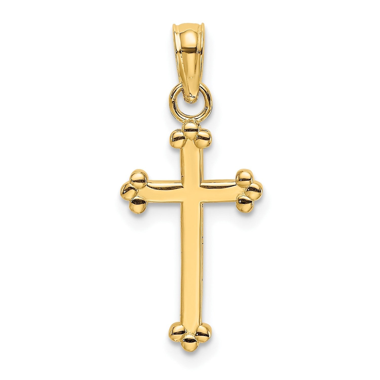 14k Real Yellow Gold High Polished Beaded Cross Pendant, 15x8mm