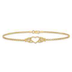 14k Real Yellow Gold High Polished Heart Charm Anklet, 10