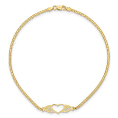 14k Real Yellow Gold High Polished Heart Charm Anklet, 10