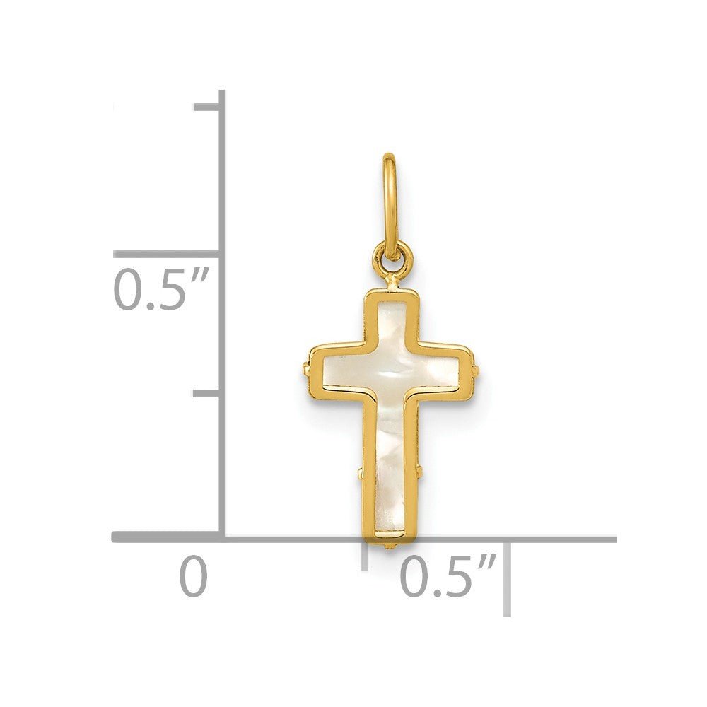14K Real Yellow Gold High Polished Mother of Pearl Cross Pendant, 12x8mm - JewelryAffairs