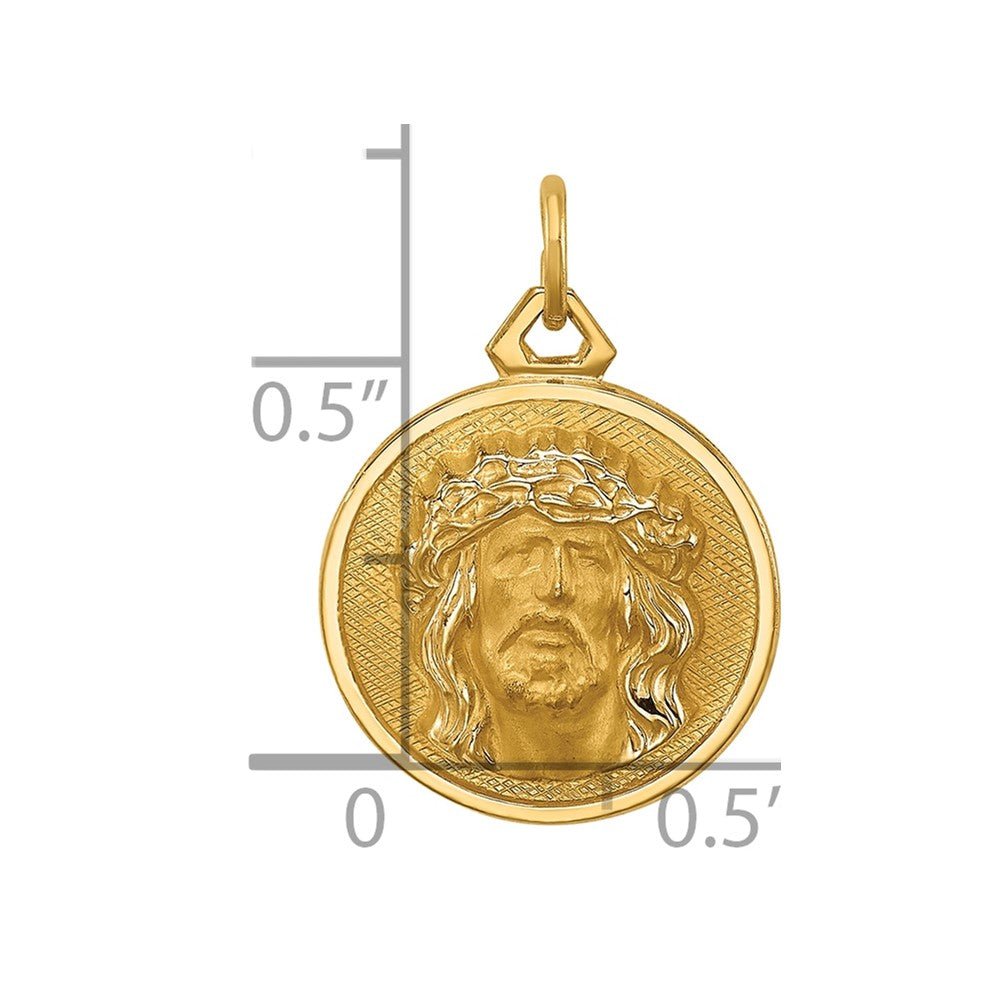 14k Real Yellow Gold Polished and Satin Small Round Jesus Medal Pendant, 0.5 Inch Diameter - JewelryAffairs