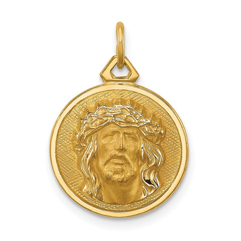 14k Real Yellow Gold Polished and Satin Small Round Jesus Medal Pendant, 0.5 Inch Diameter
