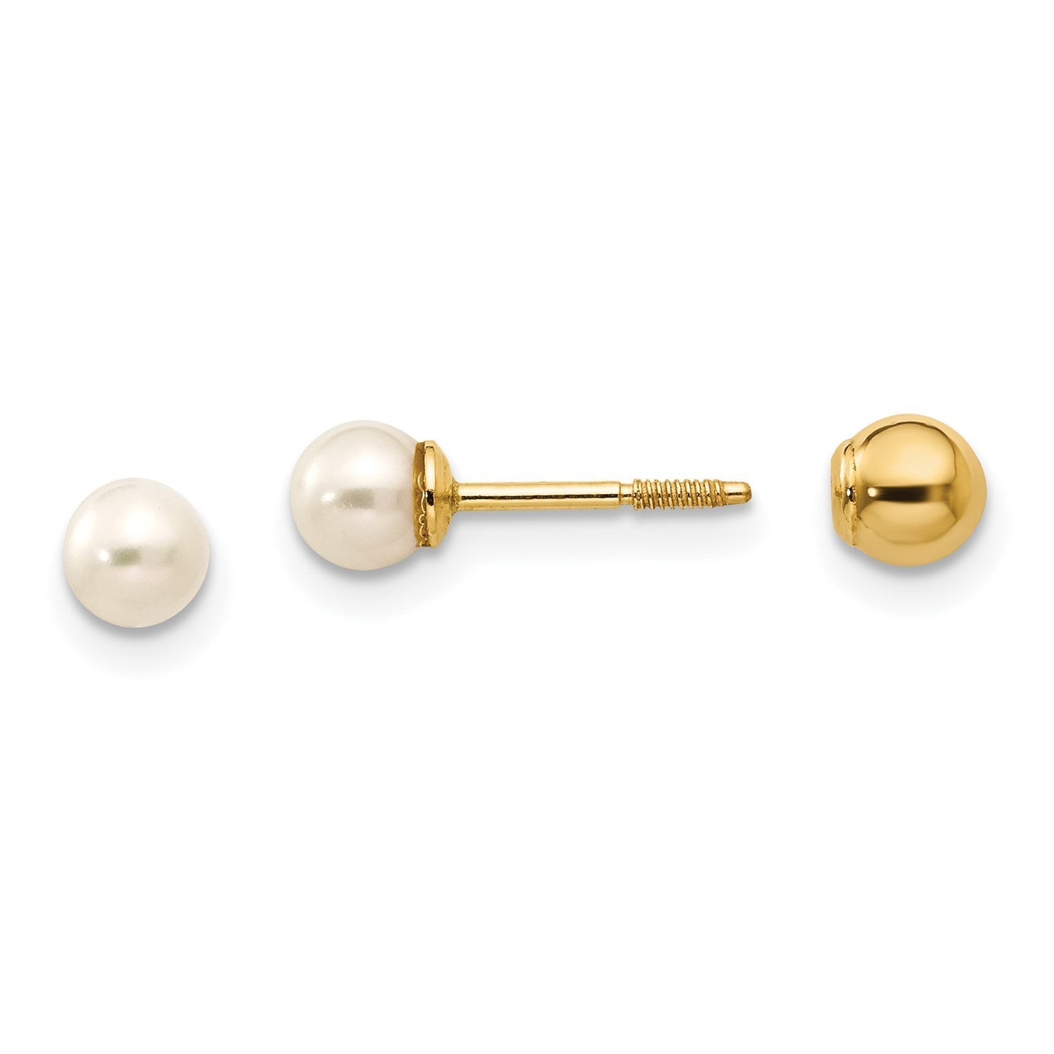 14k Real Yellow Gold Reversible 3.75 - 4mm FW Cultured Pearl and Gold Bead Earrings - JewelryAffairs