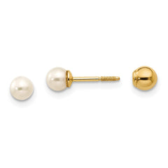 14k Real Yellow Gold Reversible 3.75 - 4mm FW Cultured Pearl and Gold Bead Earrings - JewelryAffairs