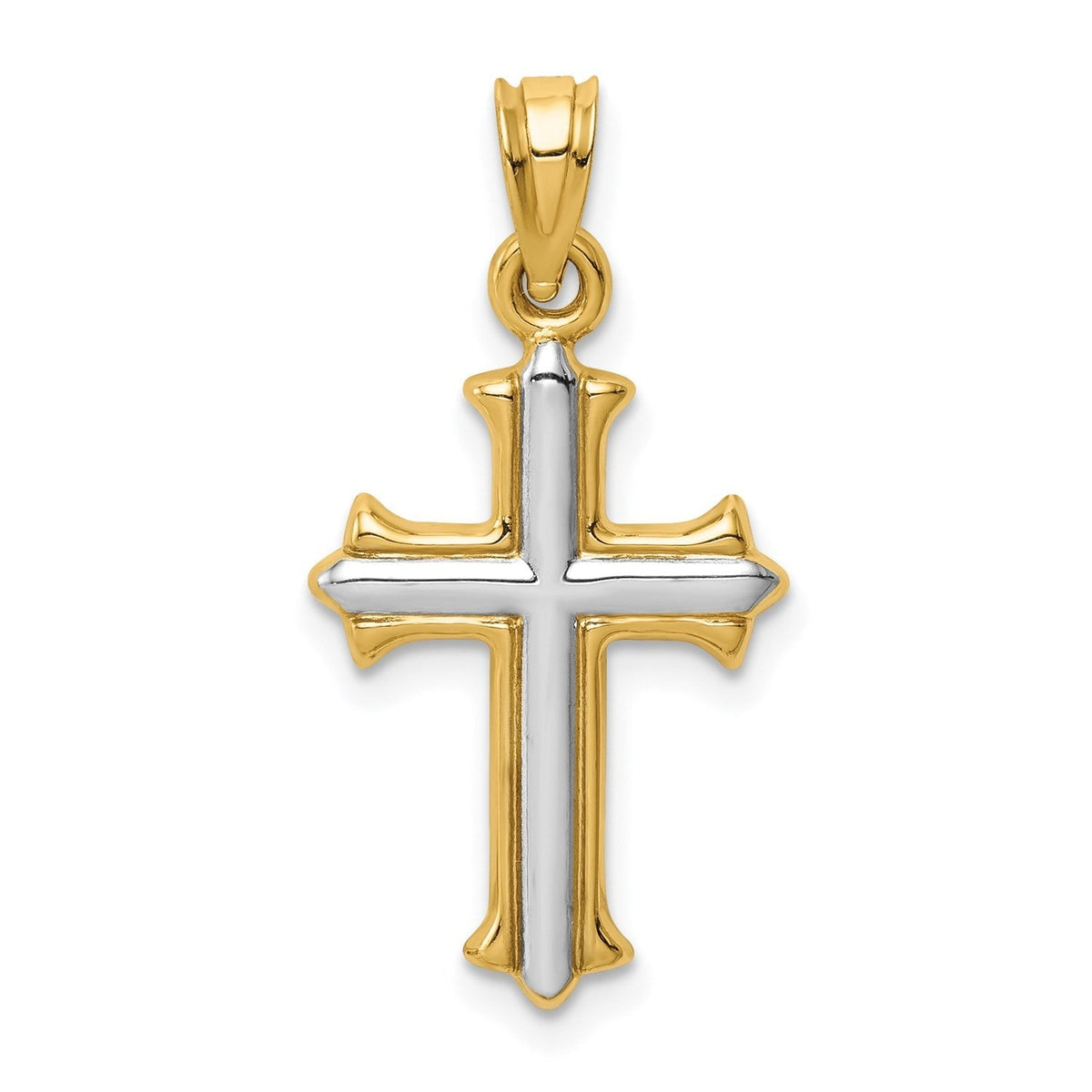 14k Real Yellow Gold with Rhodium Finisj Reversible Hollow Cross Pendant, 26x13mm - JewelryAffairs