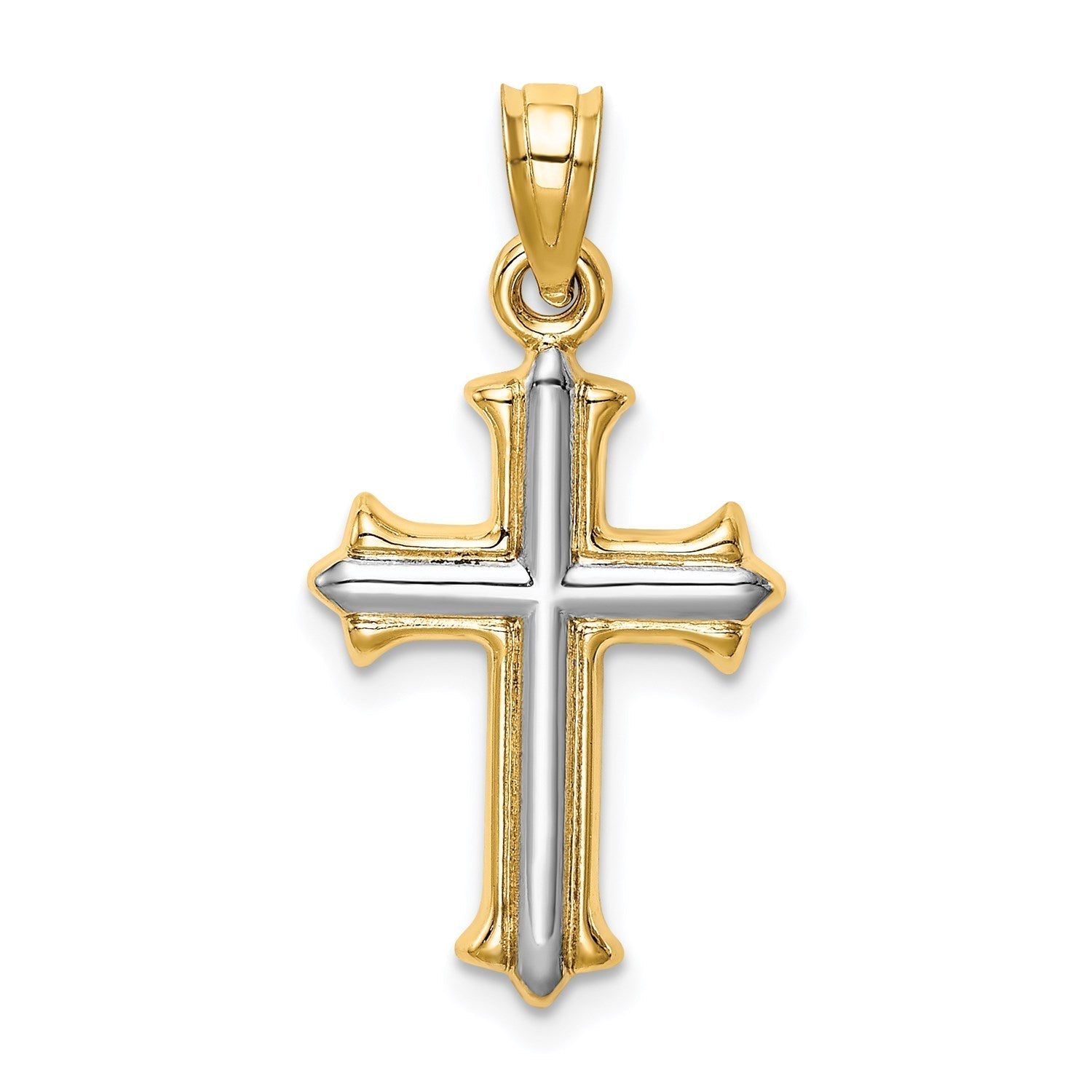 14k Real Yellow Gold with Rhodium Finisj Reversible Hollow Cross Pendant, 26x13mm - JewelryAffairs