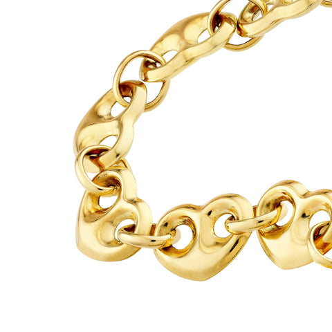 14k Real Yellow Puff Mariner Heart Charms Bracelet, 7.25 Inches