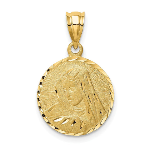 14k Real Yellow Solid Gold Brushed Diamond Cut Virgin Mary Pendant Charm, 23mm
