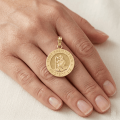 14k Real Yellow Solid Gold Saint Christopher Medal Round Pendant, 17.5mm