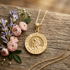 14k Real Yellow Solid Gold Saint Christopher Medal Round Pendant, 17.5mm