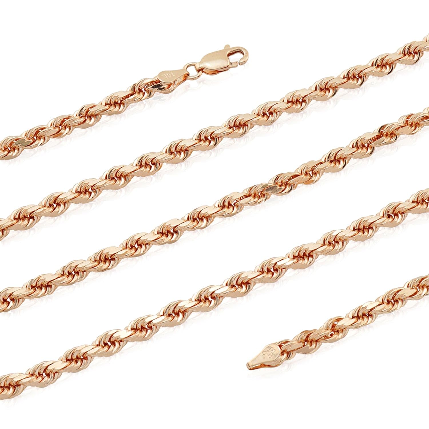 14k Rose Solid Gold Diamond Cut Rope Chain Necklace, 1.5mm - JewelryAffairs