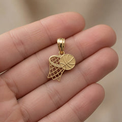 14K Solid Yellow Gold Basketball and Hoop Pendant, 18x11mm