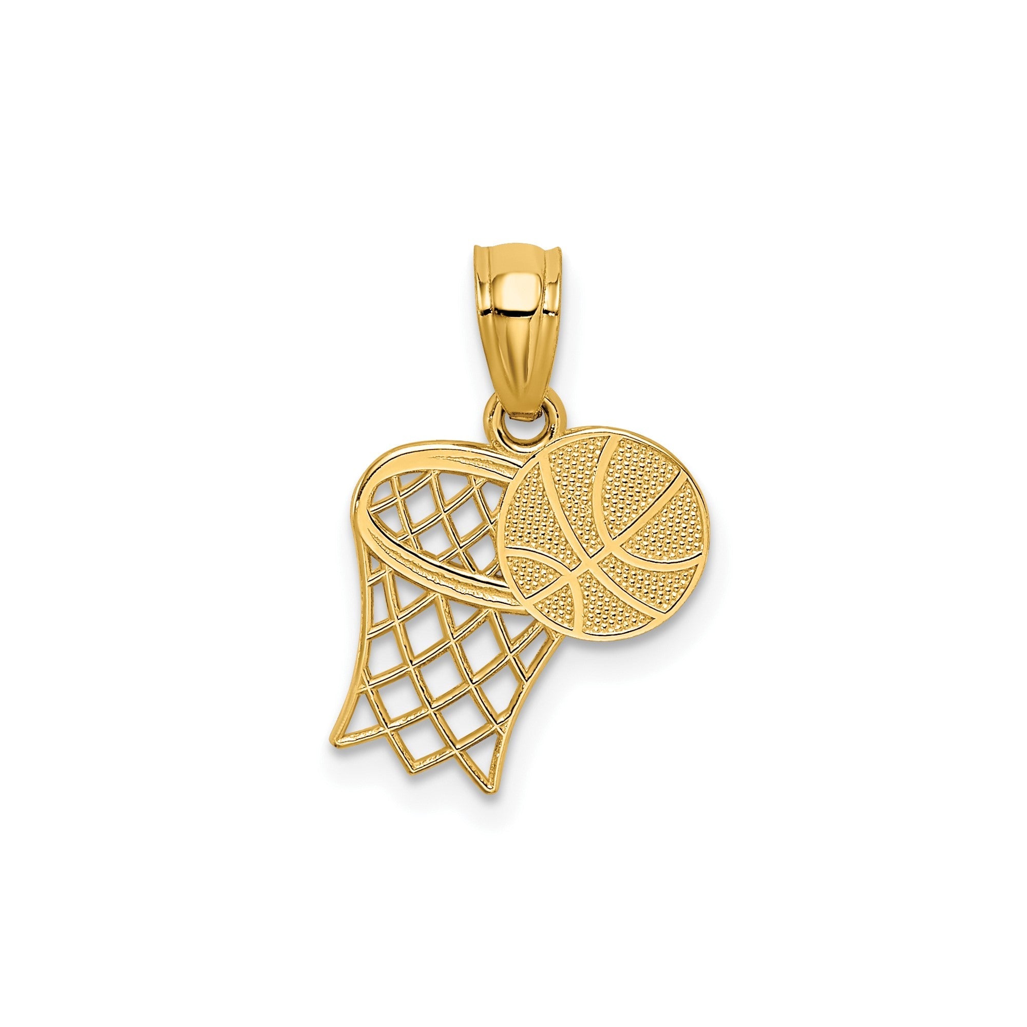 14K Solid Yellow Gold Basketball and Hoop Pendant, 18x11mm - JewelryAffairs