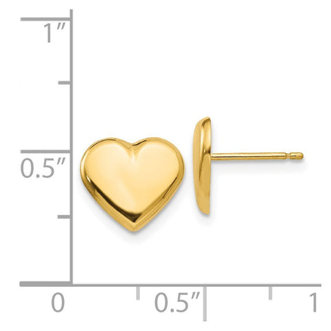 14k Solid Yellow Gold Heart Post Stud Earrings, 10mm