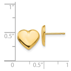 14k Solid Yellow Gold Heart Post Stud Earrings, 10mm