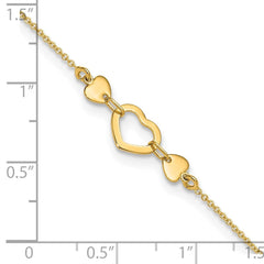 14k Solid Yellow Gold High Polished Heart Charm Adjustable Anklet, 10 to 10.75
