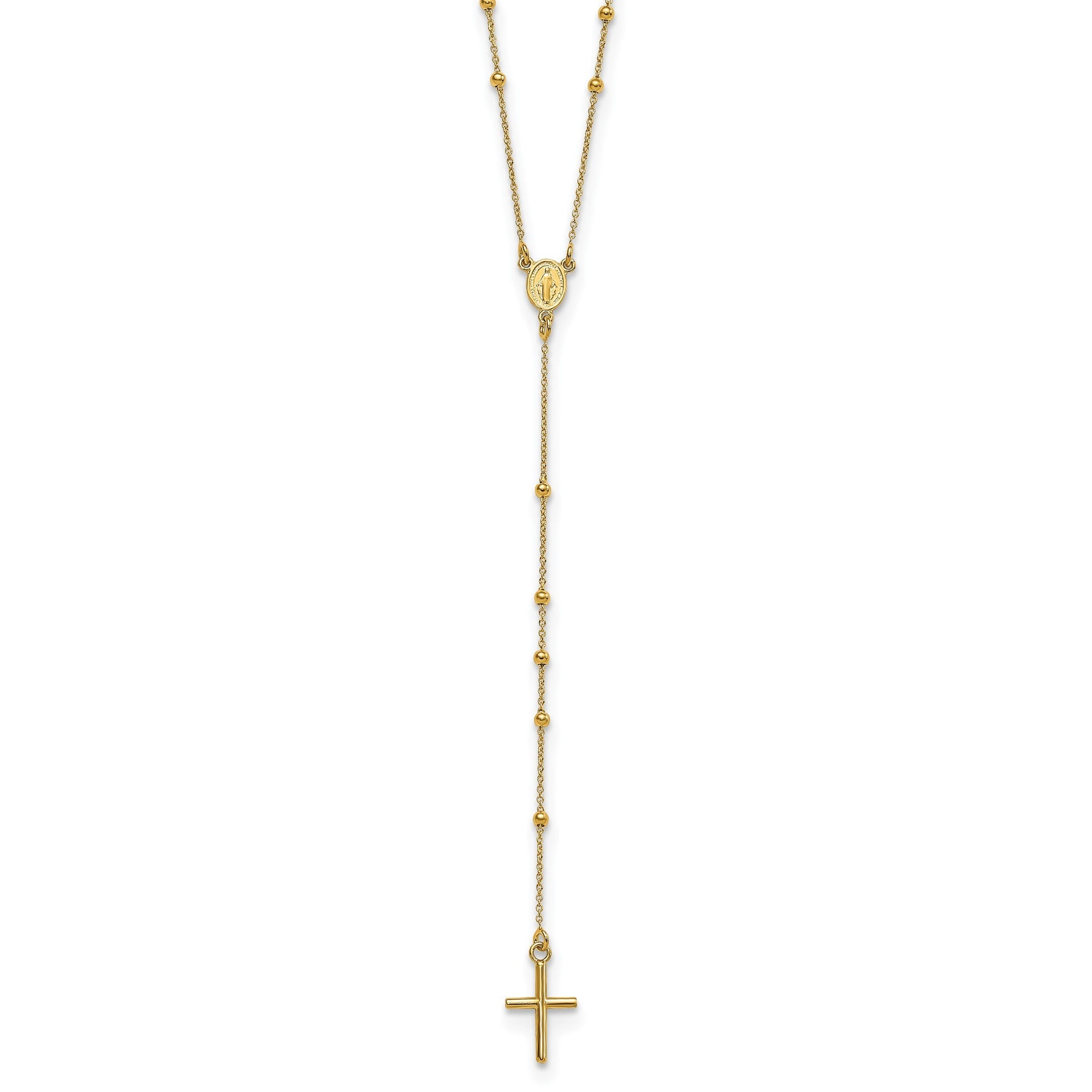 14k Solid Yellow Gold High Polished Rosary 24 inch Cross Necklace