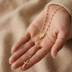 14k Tri-color Gold Beaded Rosary Cross Necklace, 17 to 20 Adjustable