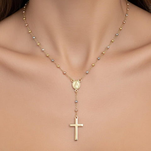 14k Tri-color Gold Beaded Rosary Cross Necklace, 17 to 20 Adjustable